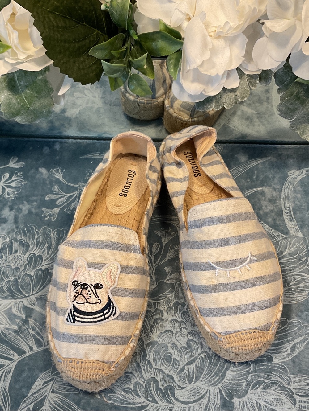 Soludos Blue and Cream Striped Espadrilles with Bulldog Embroidery